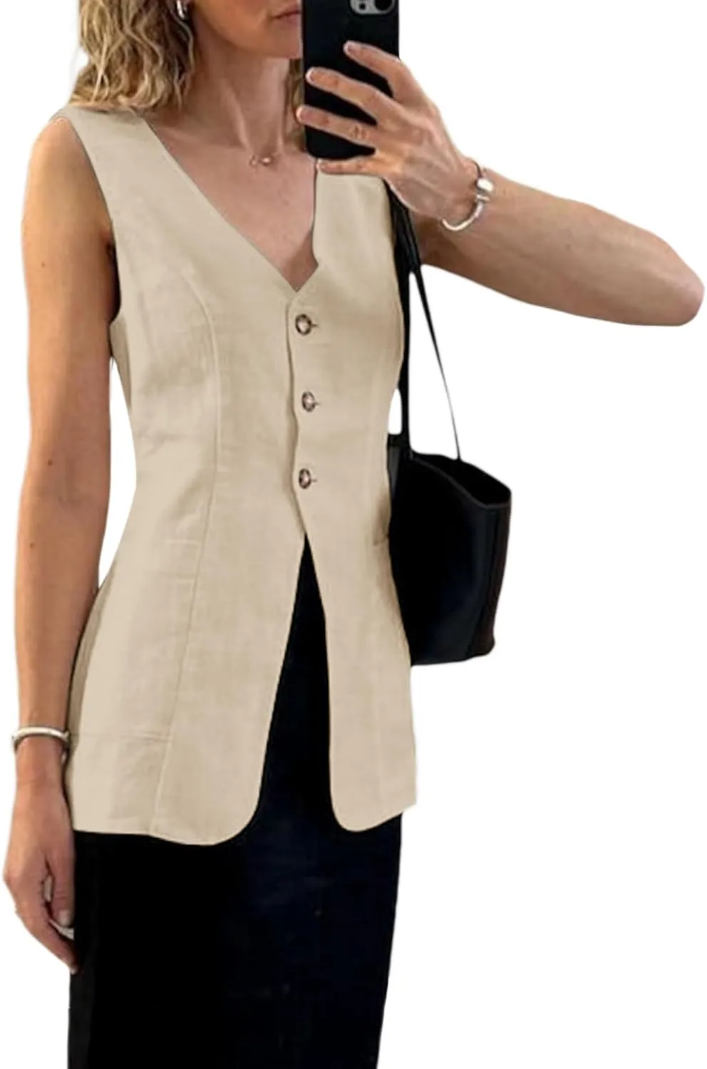 2025 Summer Women's Linen Vest Tops Lightweight Breathable Long Fashion V-Neck Fully-Lined Work Casual Vest Pockets