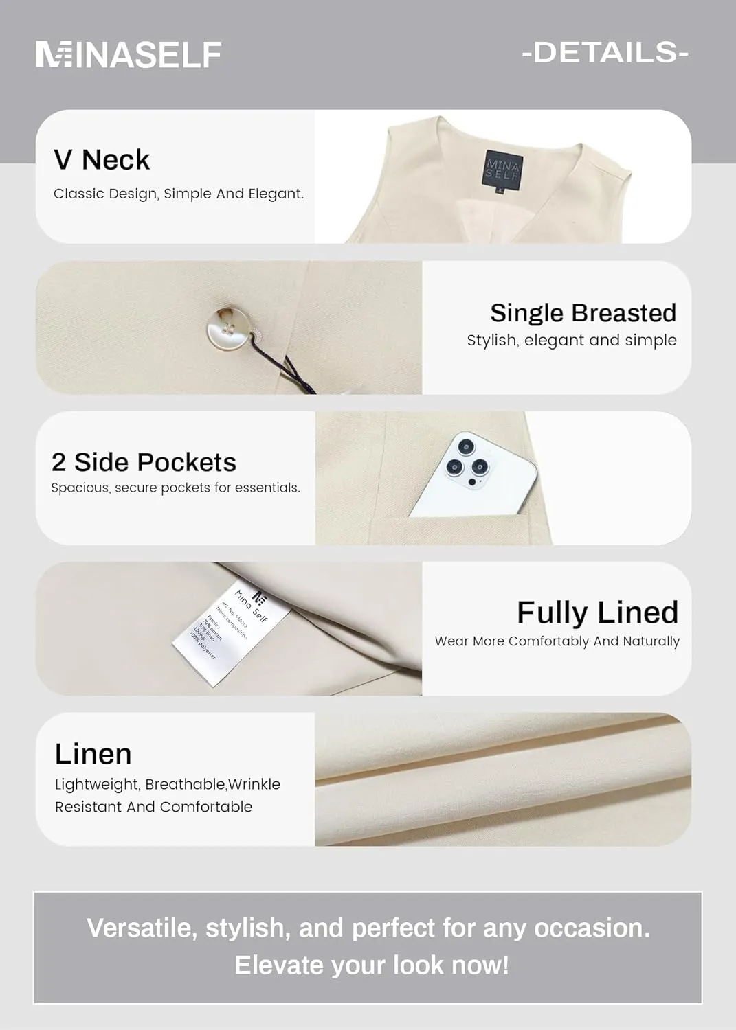 2025 Summer Women's Linen Vest Tops Lightweight Breathable Long Fashion V-Neck Fully-Lined Work Casual Vest Pockets