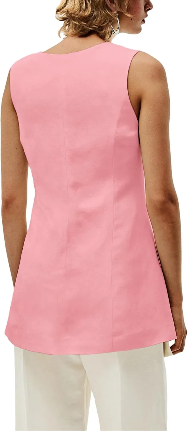 2025 Summer Women's Linen Vest Tops Lightweight Breathable Long Fashion V-Neck Fully-Lined Work Casual Vest Pockets
