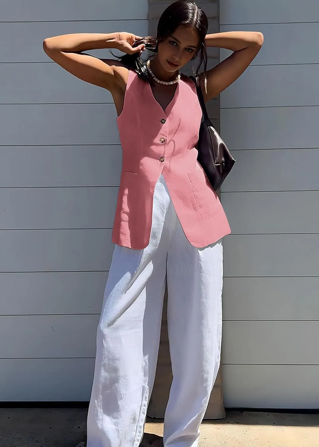 2025 Summer Women's Linen Vest Tops Lightweight Breathable Long Fashion V-Neck Fully-Lined Work Casual Vest Pockets