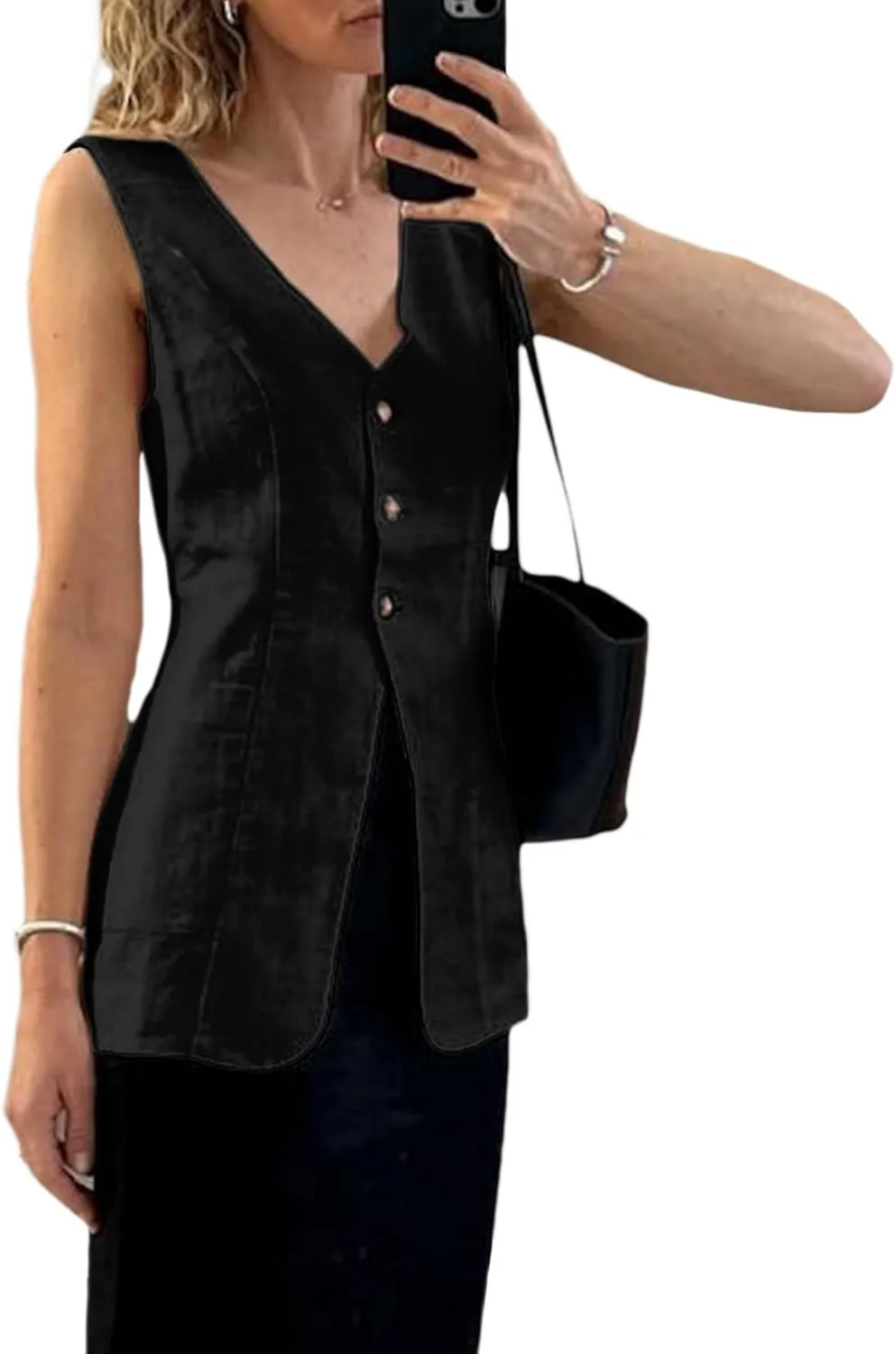 2025 Summer Women's Linen Vest Tops Lightweight Breathable Long Fashion V-Neck Fully-Lined Work Casual Vest Pockets