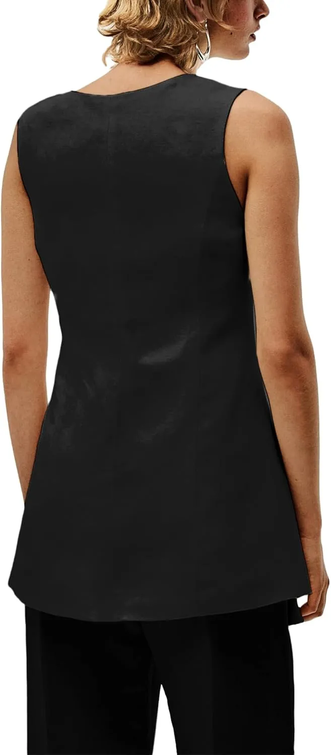 2025 Summer Women's Linen Vest Tops Lightweight Breathable Long Fashion V-Neck Fully-Lined Work Casual Vest Pockets