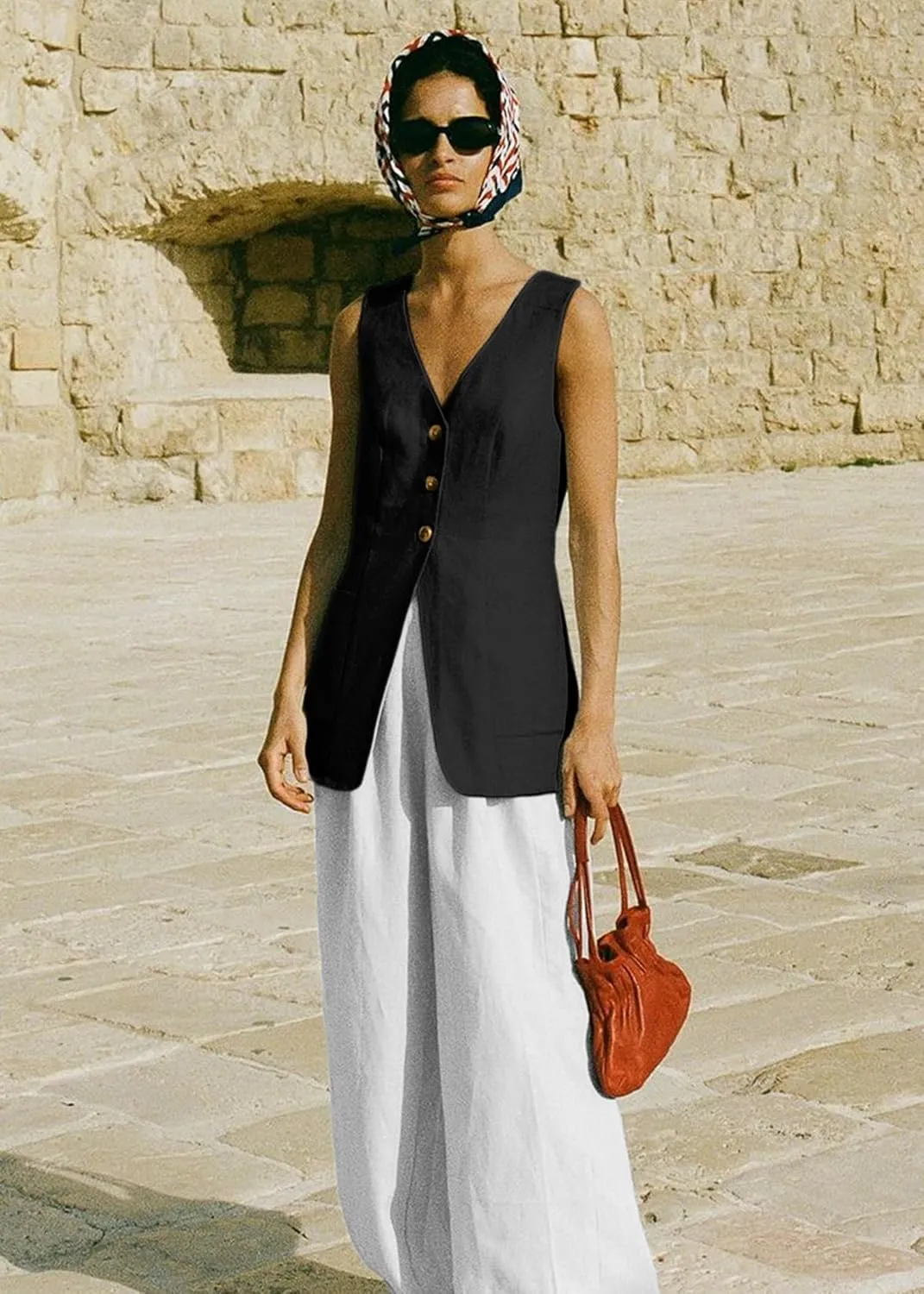 2025 Summer Women's Linen Vest Tops Lightweight Breathable Long Fashion V-Neck Fully-Lined Work Casual Vest Pockets