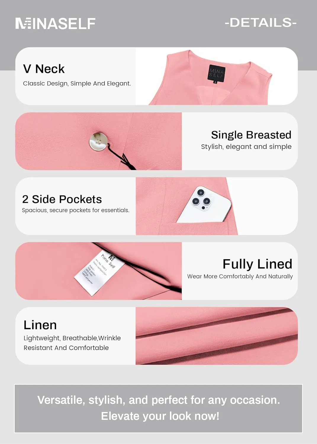 2025 Summer Women's Linen Vest Tops Lightweight Breathable Long Fashion V-Neck Fully-Lined Work Casual Vest Pockets