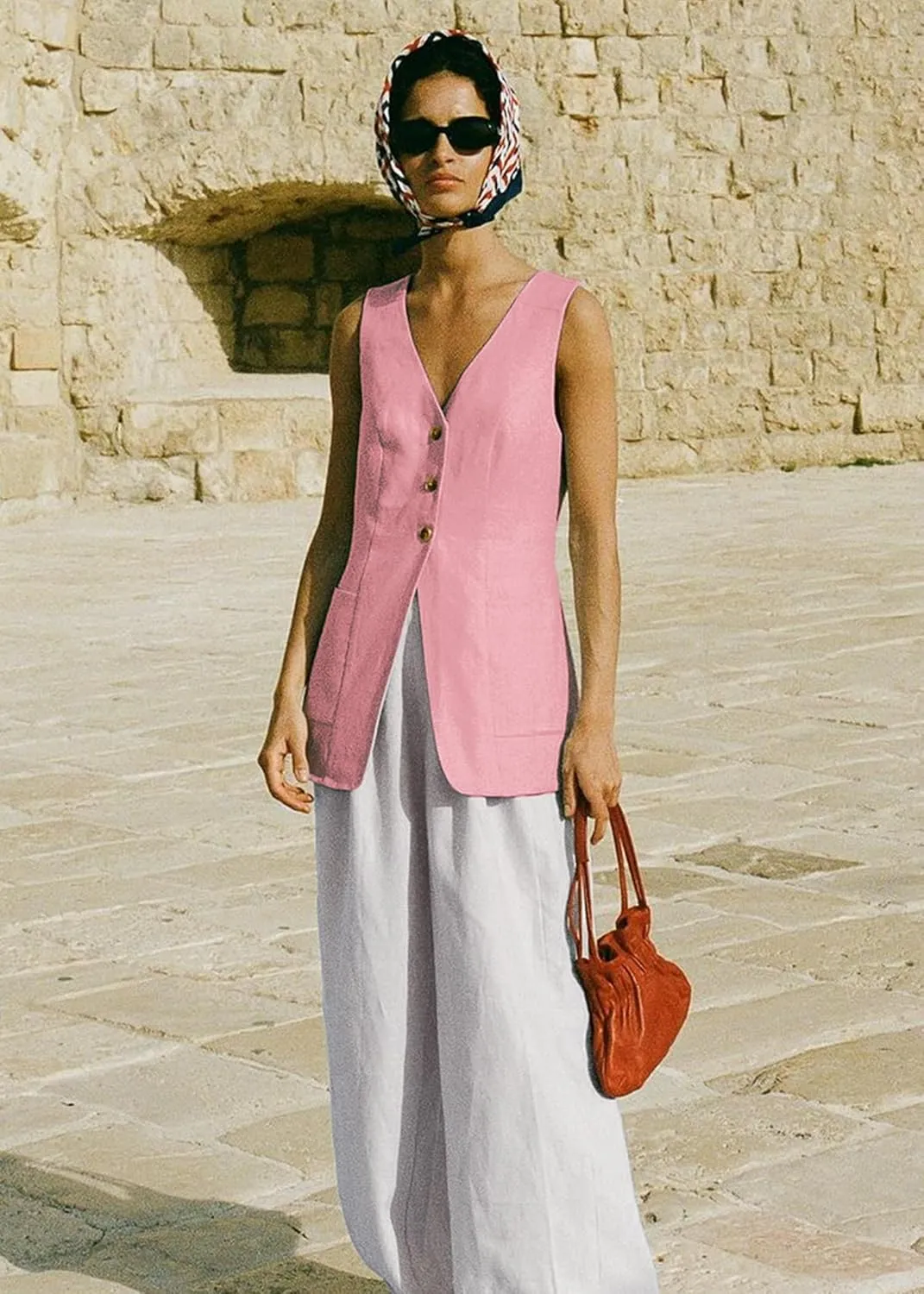 2025 Summer Women's Linen Vest Tops Lightweight Breathable Long Fashion V-Neck Fully-Lined Work Casual Vest Pockets