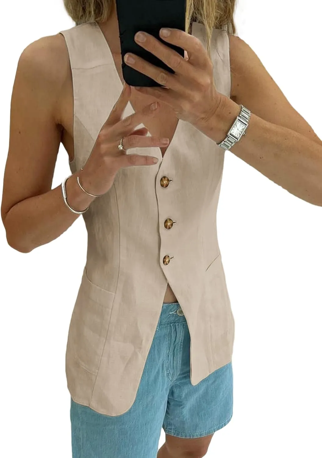 2025 Summer Women's Linen Vest Tops Lightweight Breathable Long Fashion V-Neck Fully-Lined Work Casual Vest Pockets