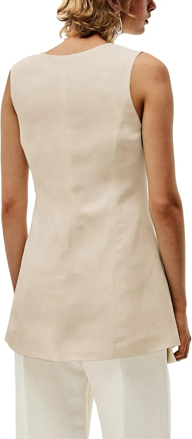 2025 Summer Women's Linen Vest Tops Lightweight Breathable Long Fashion V-Neck Fully-Lined Work Casual Vest Pockets