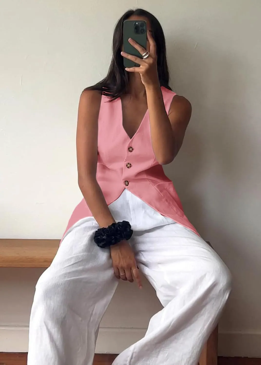 2025 Summer Women's Linen Vest Tops Lightweight Breathable Long Fashion V-Neck Fully-Lined Work Casual Vest Pockets