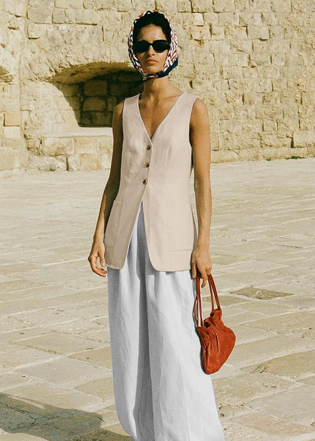 2025 Summer Women's Linen Vest Tops Lightweight Breathable Long Fashion V-Neck Fully-Lined Work Casual Vest Pockets