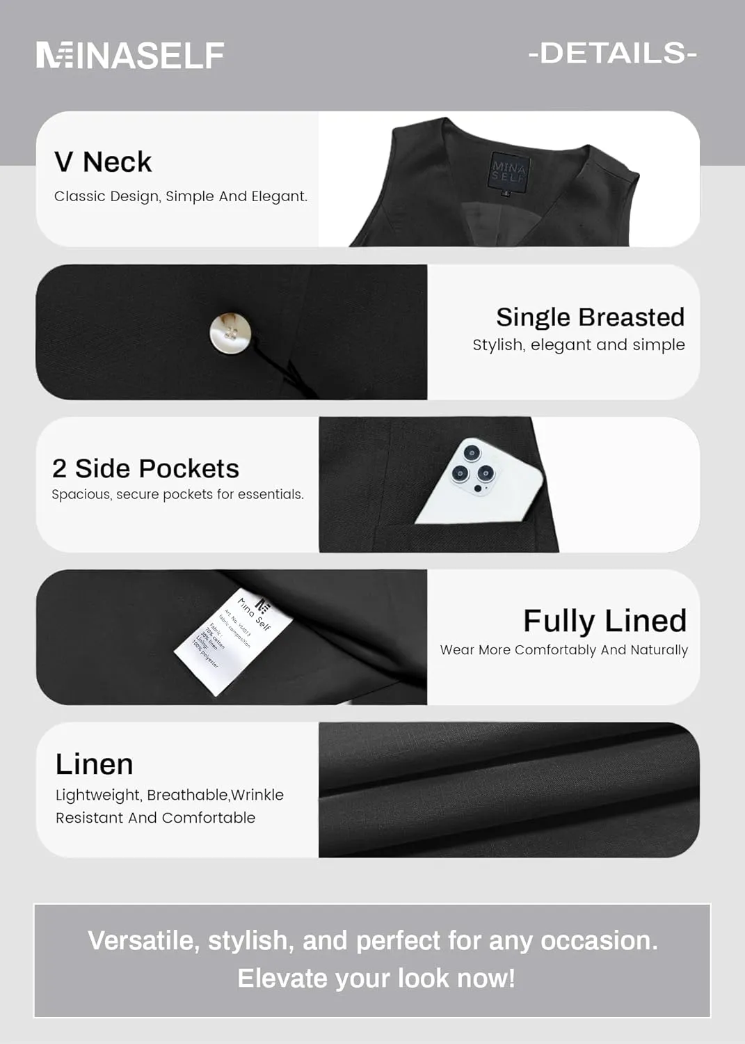 2025 Summer Women's Linen Vest Tops Lightweight Breathable Long Fashion V-Neck Fully-Lined Work Casual Vest Pockets