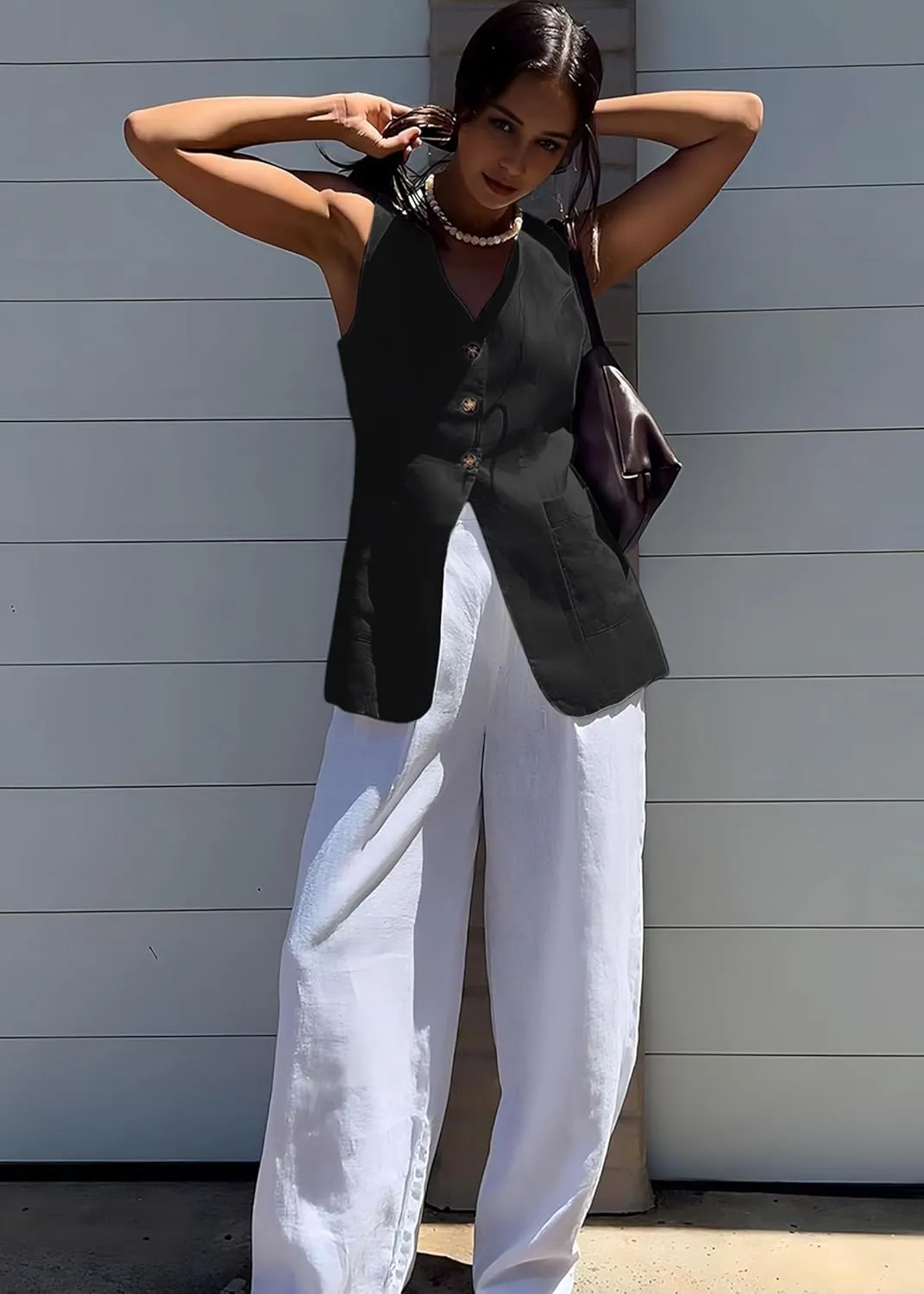 2025 Summer Women's Linen Vest Tops Lightweight Breathable Long Fashion V-Neck Fully-Lined Work Casual Vest Pockets