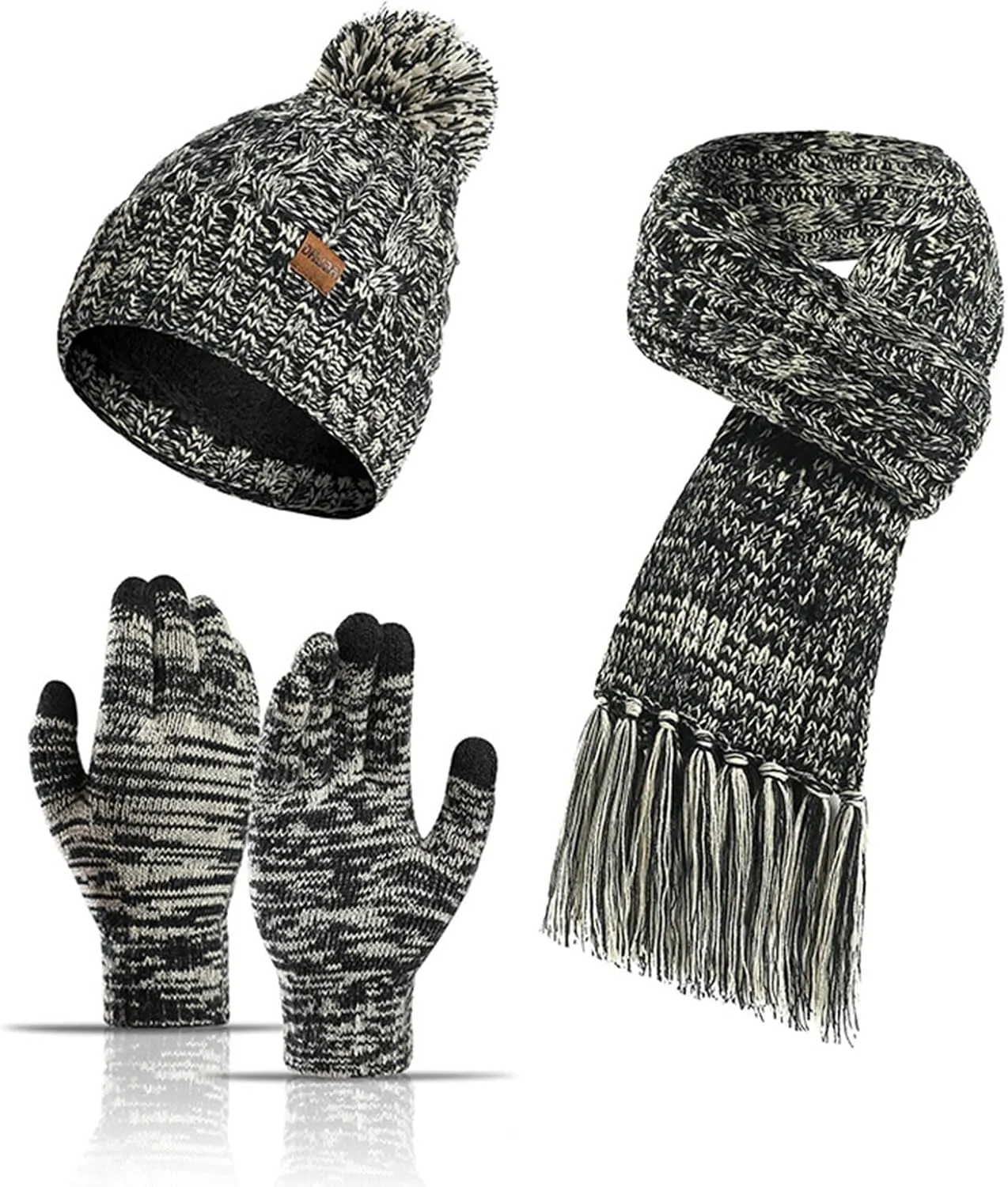 3 Pieces Warmer Winter Slouchy Classic Beanie Knit Skull Hat Neck Scarf Touchscreen Gloves Warm Set for Men and Women