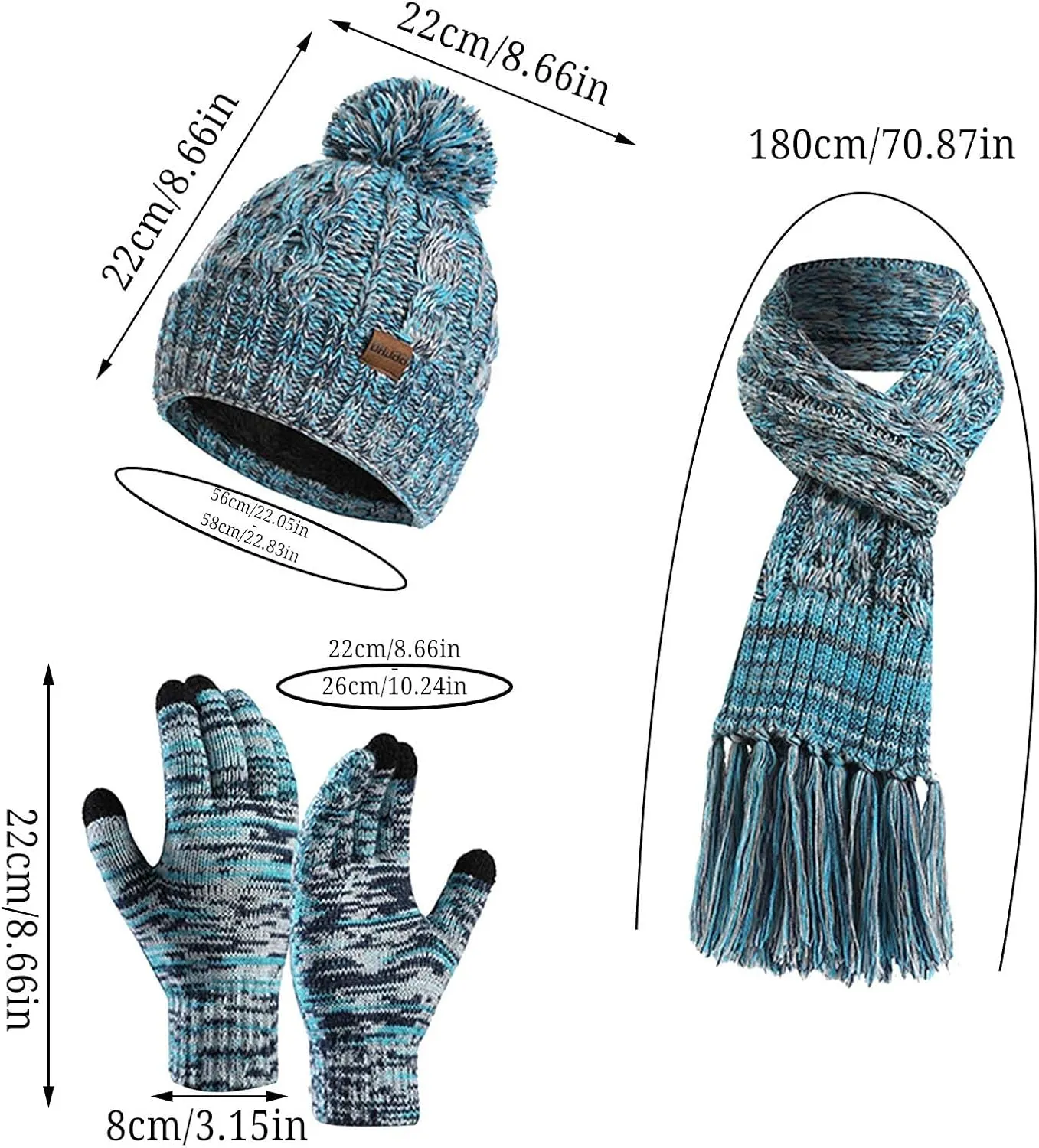 3 Pieces Warmer Winter Slouchy Classic Beanie Knit Skull Hat Neck Scarf Touchscreen Gloves Warm Set for Men and Women