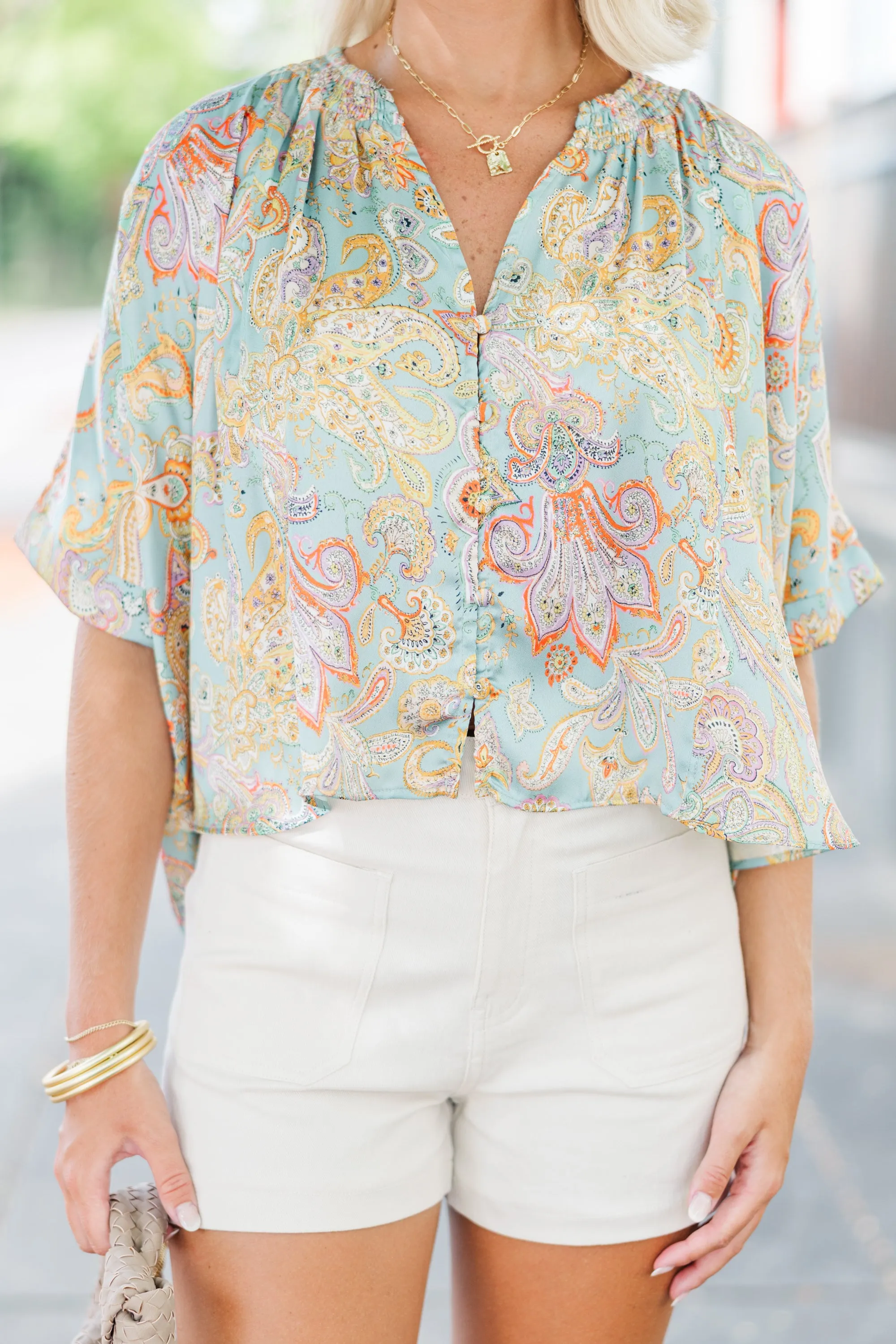 All Smiles Mint Green Paisley Blouse