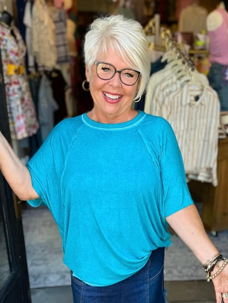 Amelias Turquoise Loose Fit Cut Edge Short Sleeve Top