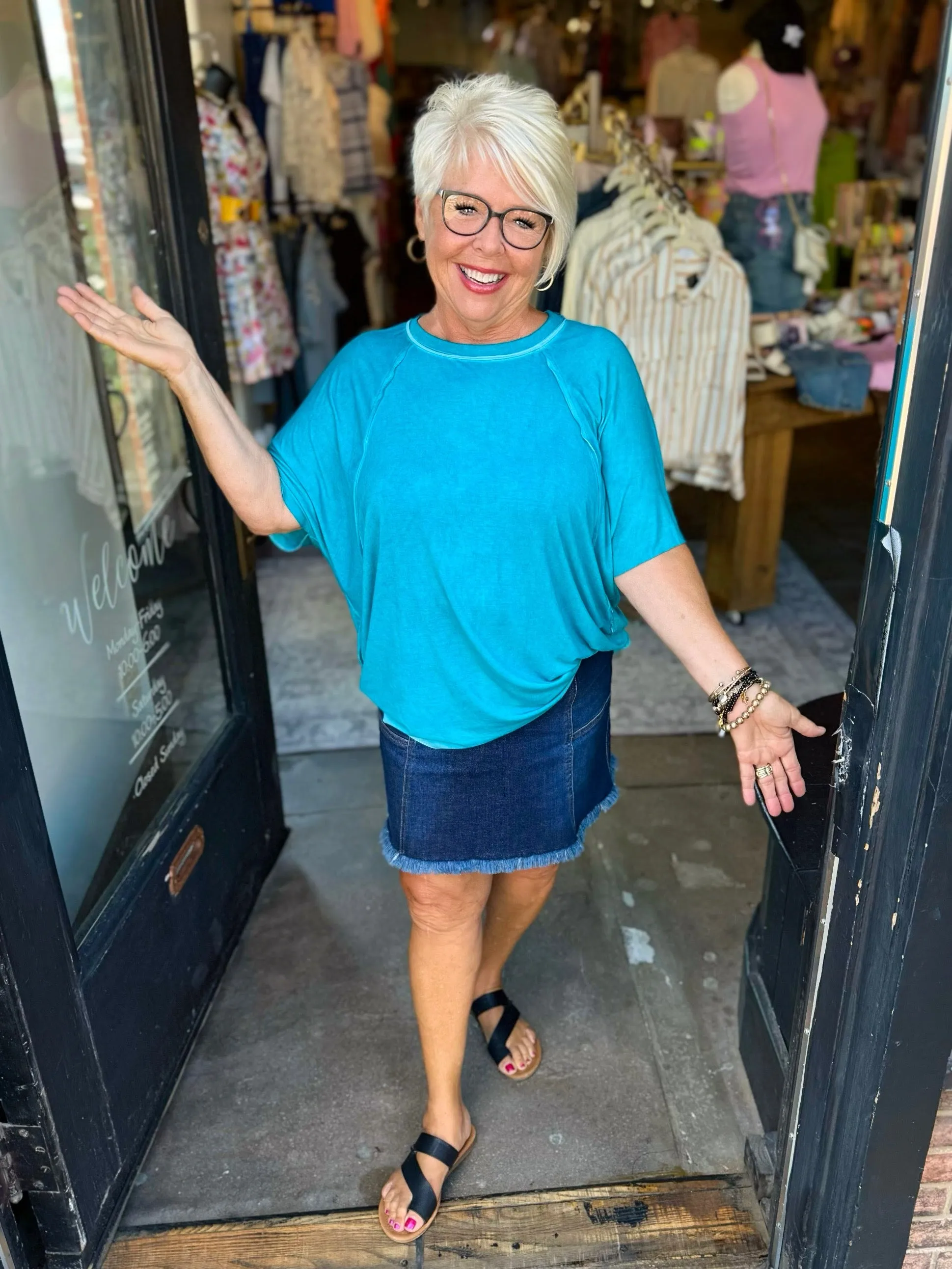 Amelias Turquoise Loose Fit Cut Edge Short Sleeve Top