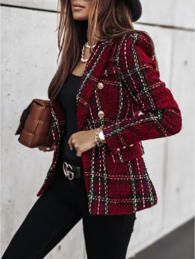 Autumn Winter Plaid Double Breated Short Blazer