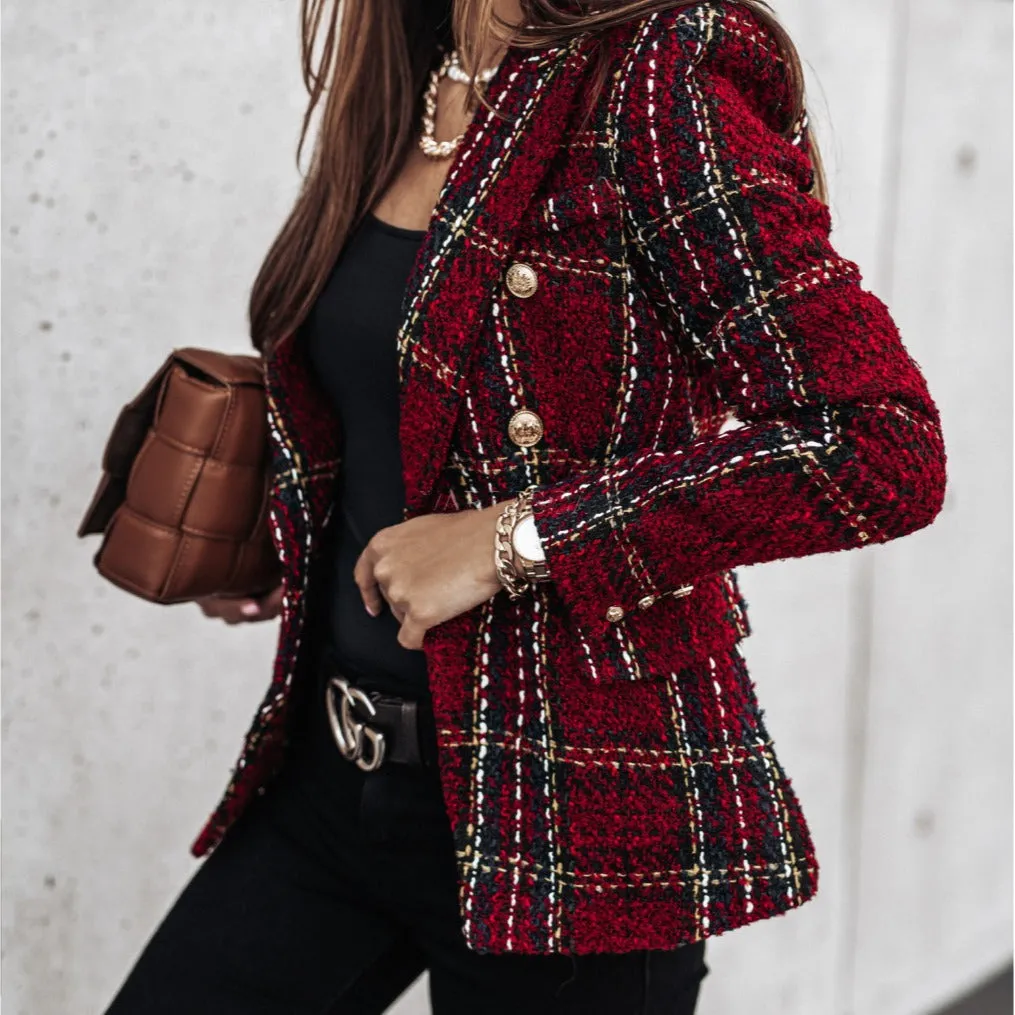 Autumn Winter Plaid Double Breated Short Blazer