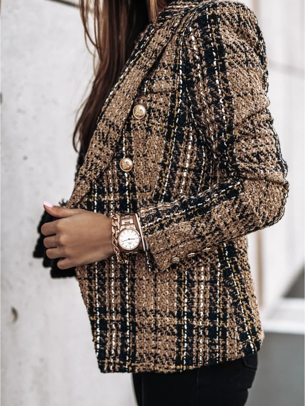Autumn Winter Plaid Double Breated Short Blazer