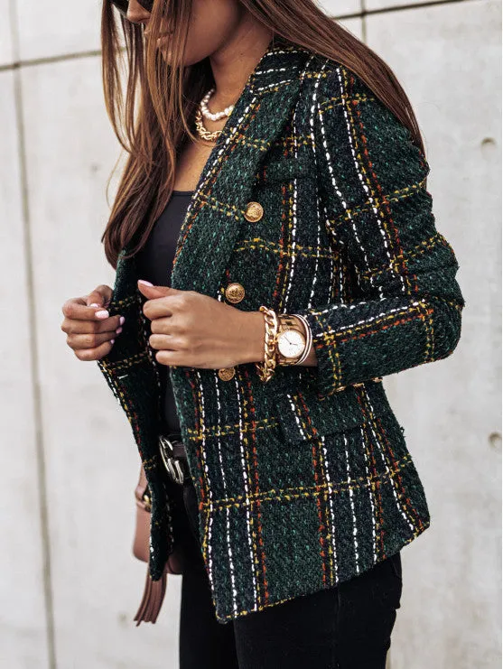 Autumn Winter Plaid Double Breated Short Blazer