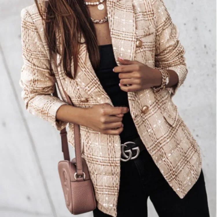 Autumn Winter Plaid Double Breated Short Blazer