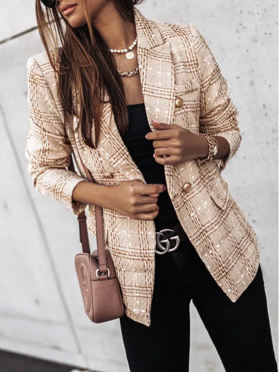 Autumn Winter Plaid Double Breated Short Blazer