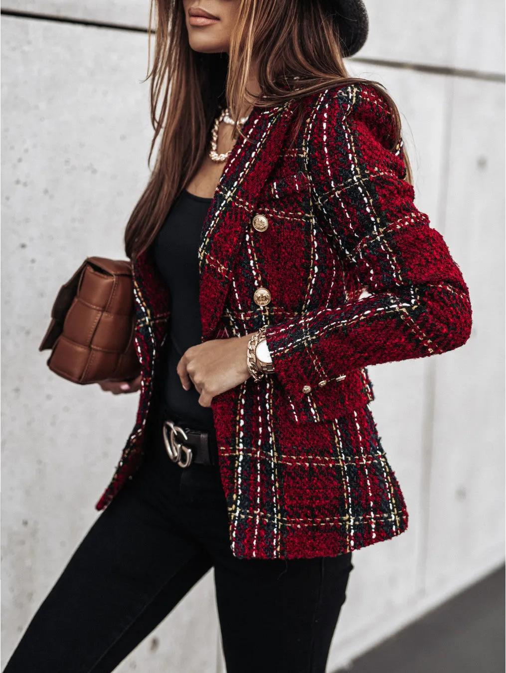 Autumn Winter Plaid Double Breated Short Blazer