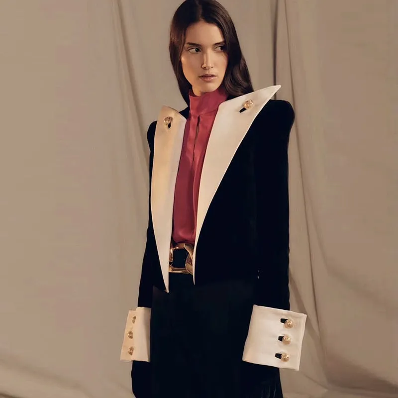 Big Collar Color Block Velvet Blazer
