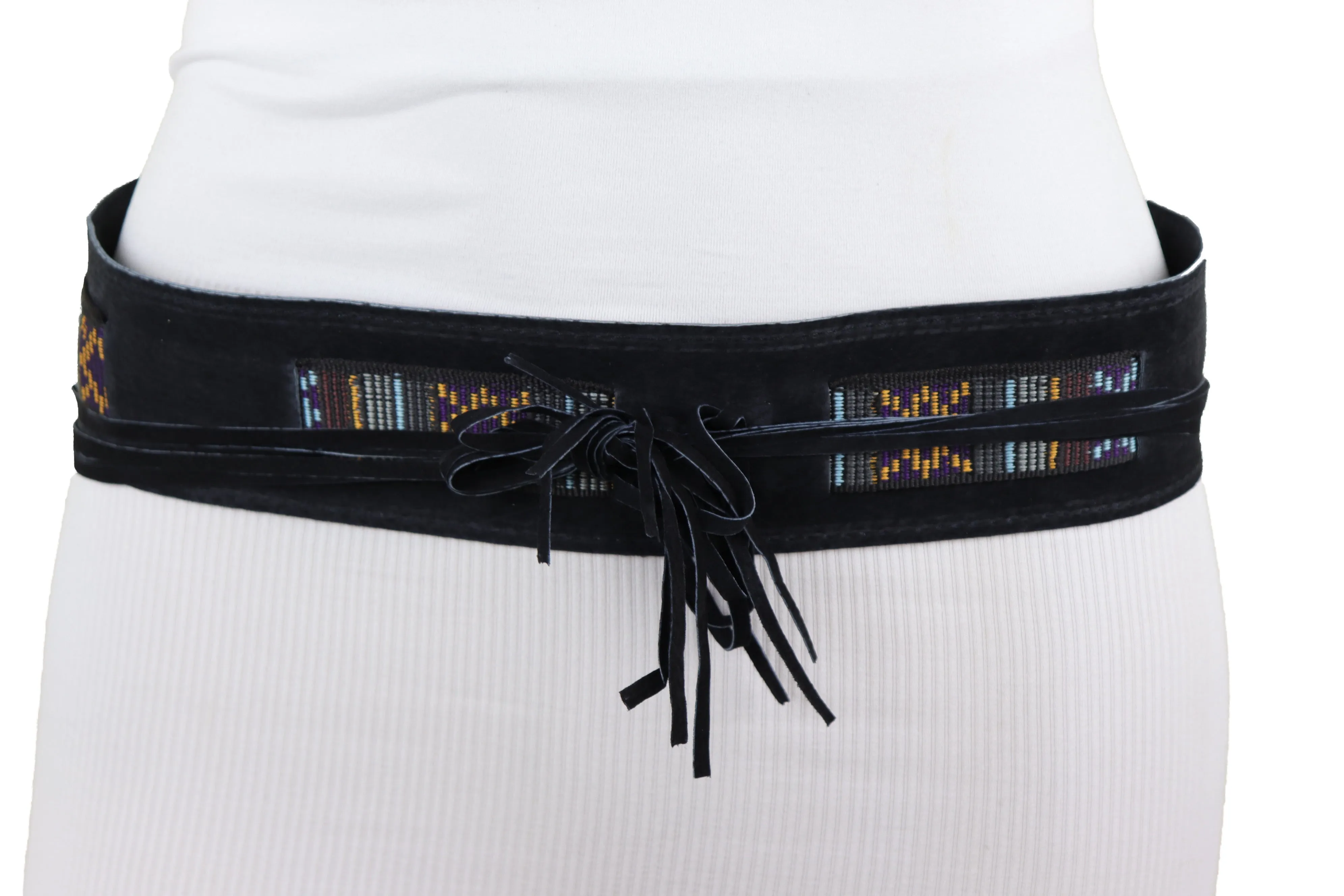 Black Fabric Wrap Around Ethnic Bohemian Fashion Tie Belt Hip Waist S M L