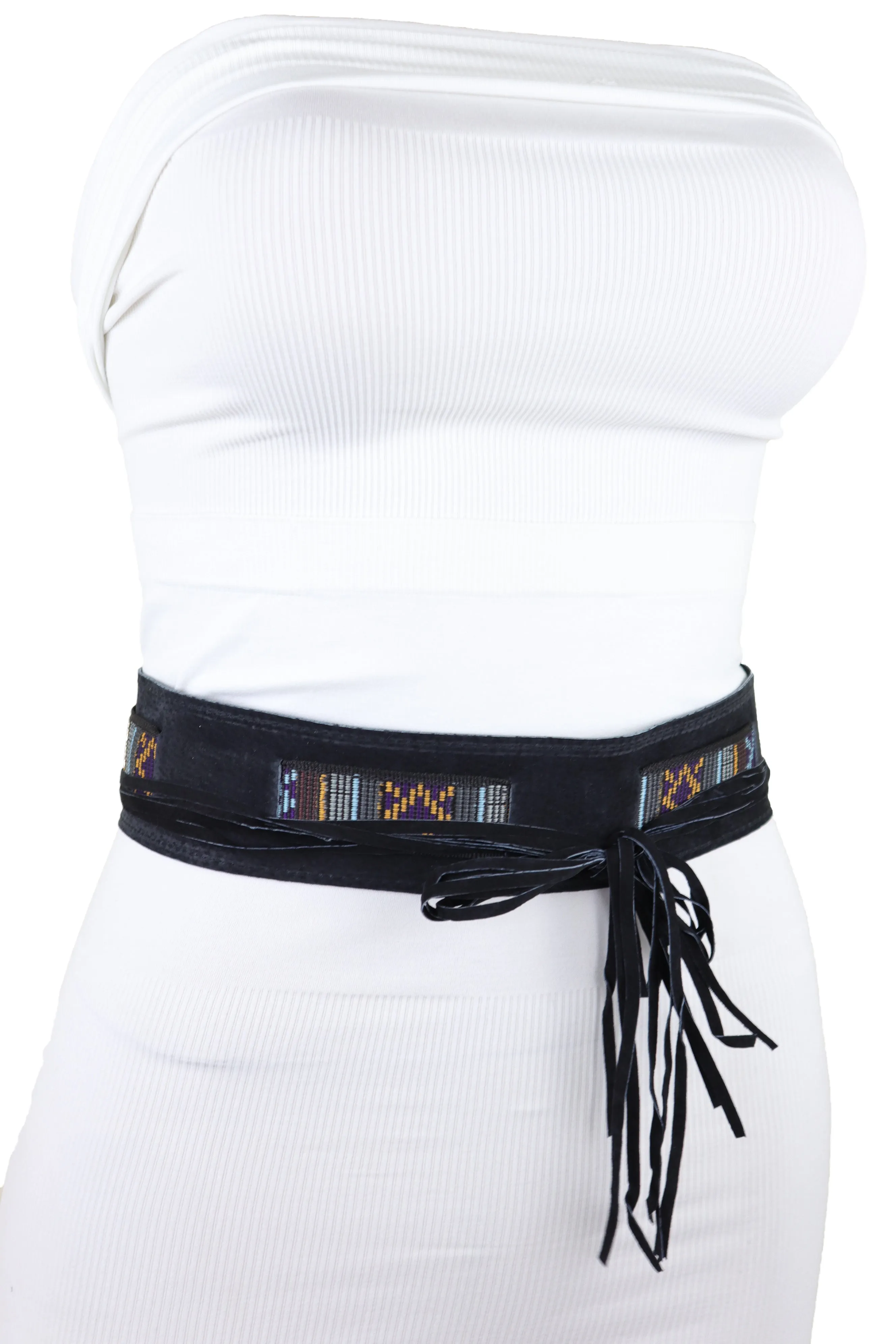 Black Fabric Wrap Around Ethnic Bohemian Fashion Tie Belt Hip Waist S M L