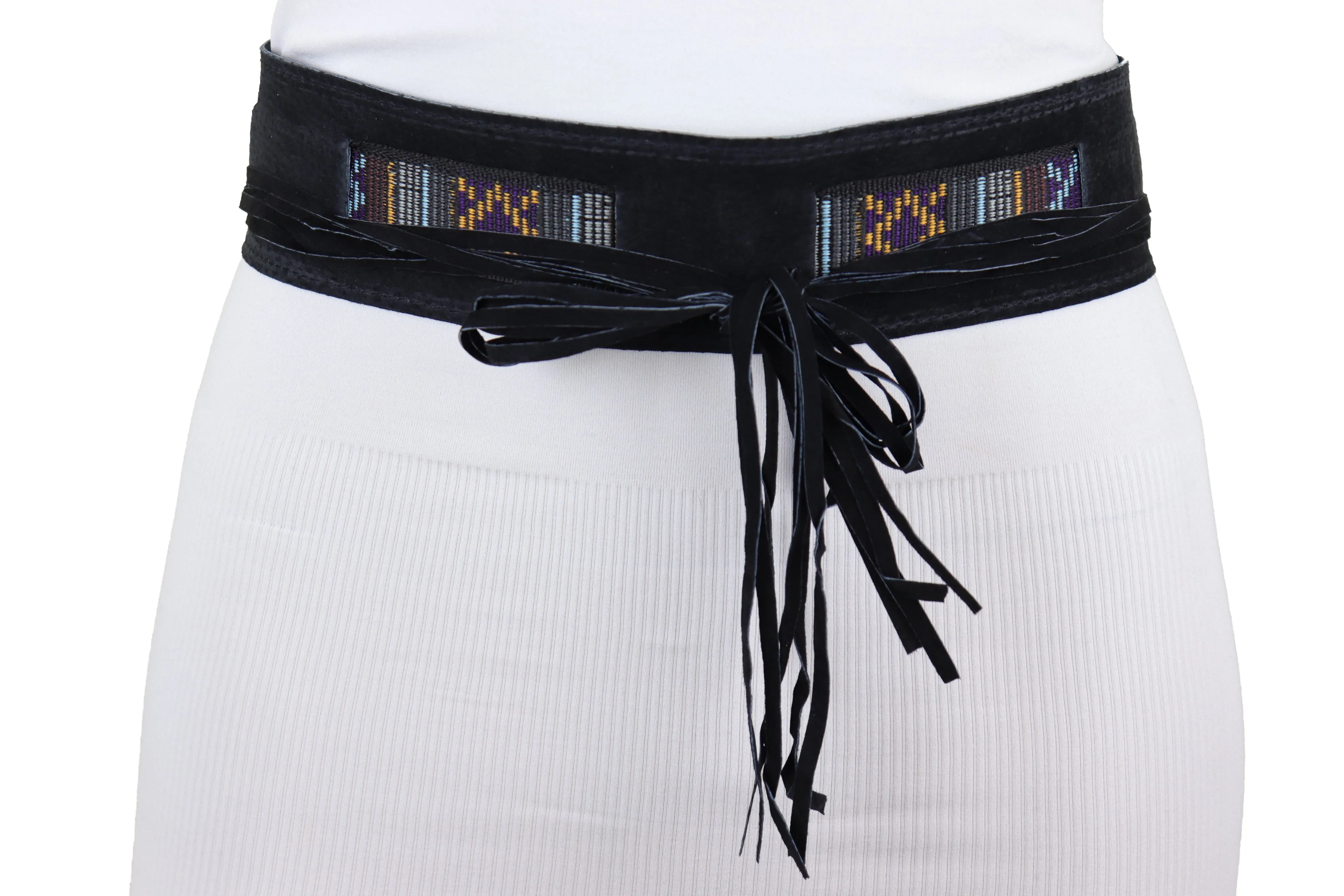 Black Fabric Wrap Around Ethnic Bohemian Fashion Tie Belt Hip Waist S M L