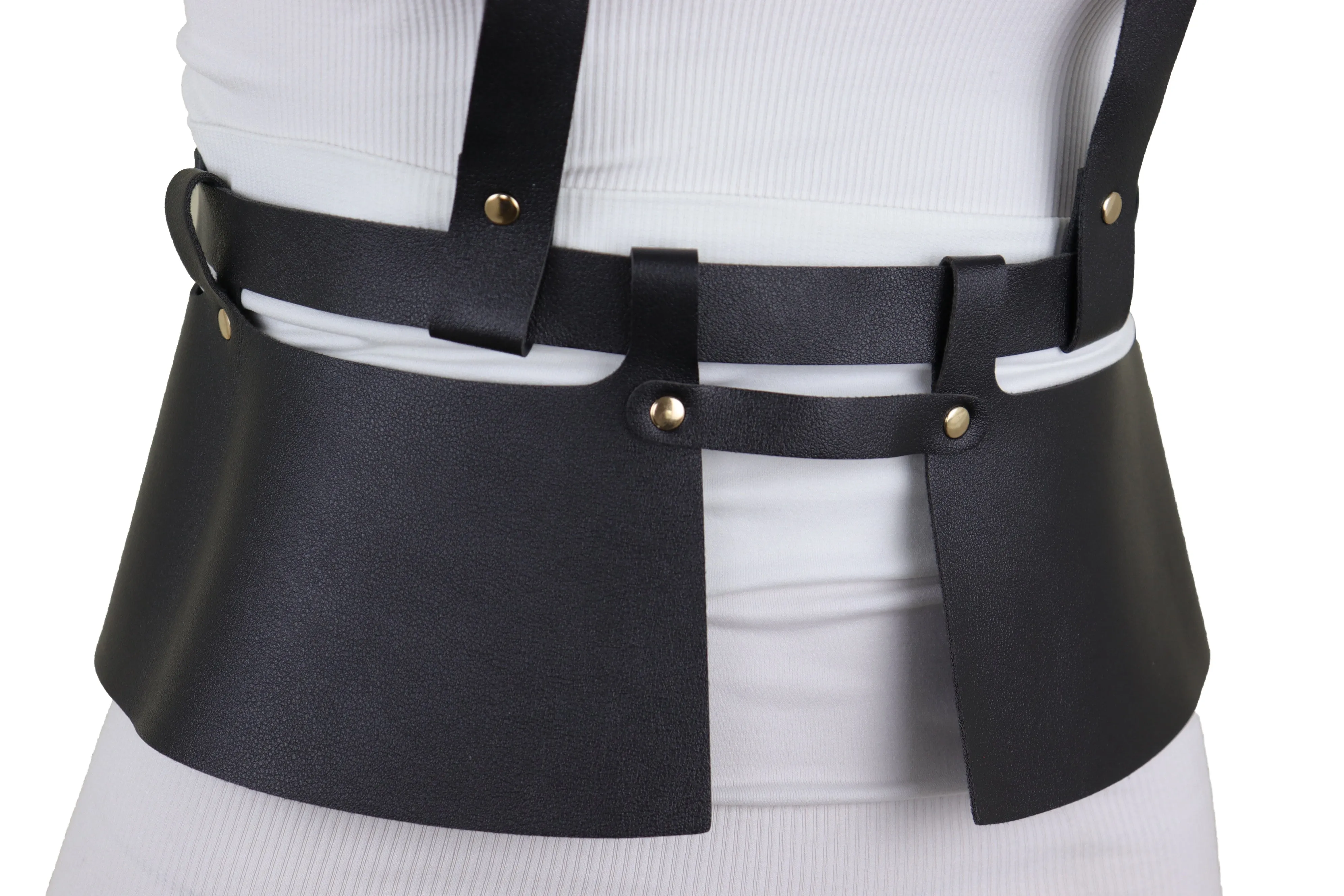 Black Faux Leather Steampunk Fashion Belt Suspender Adjustable Size XS S