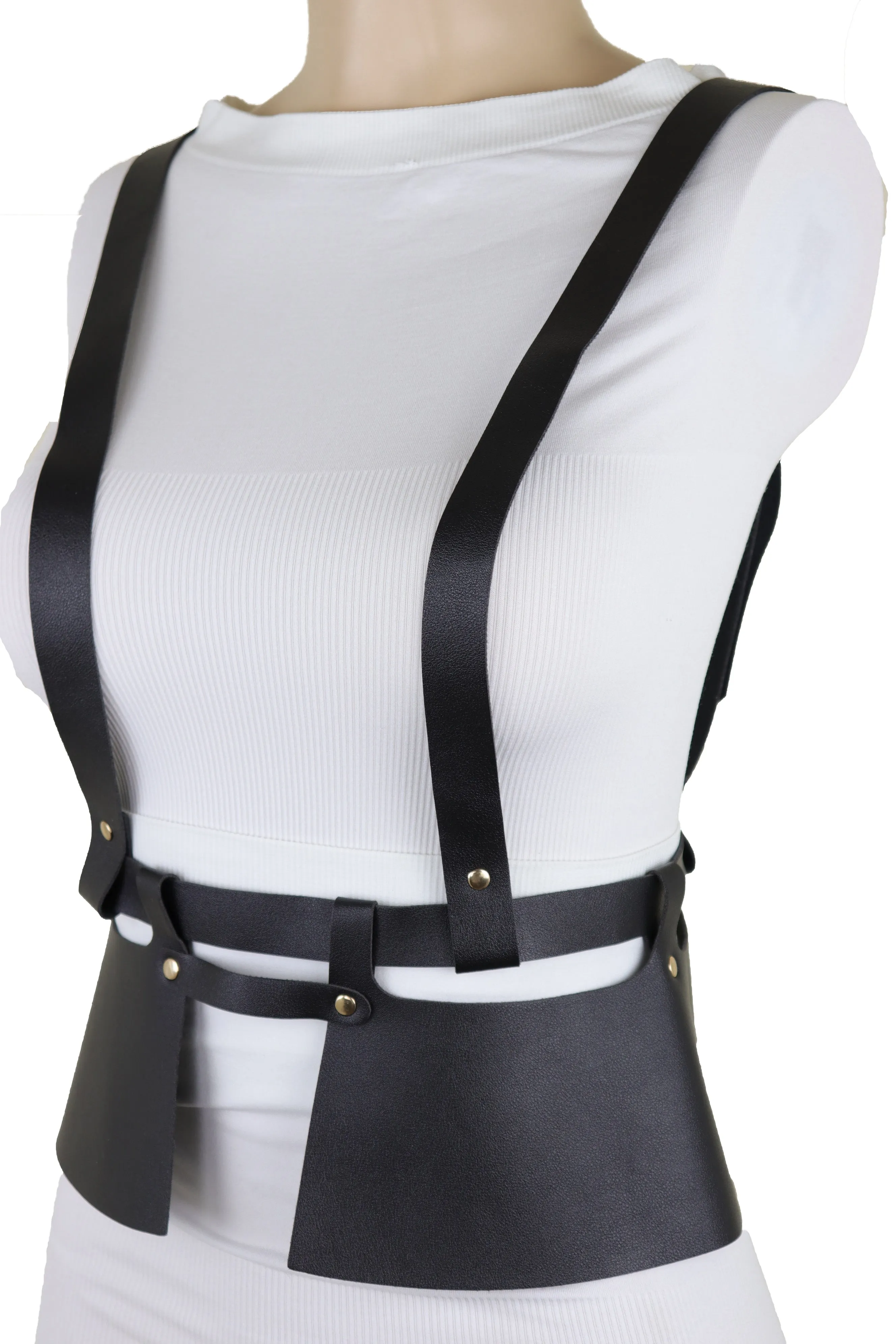 Black Faux Leather Steampunk Fashion Belt Suspender Adjustable Size XS S