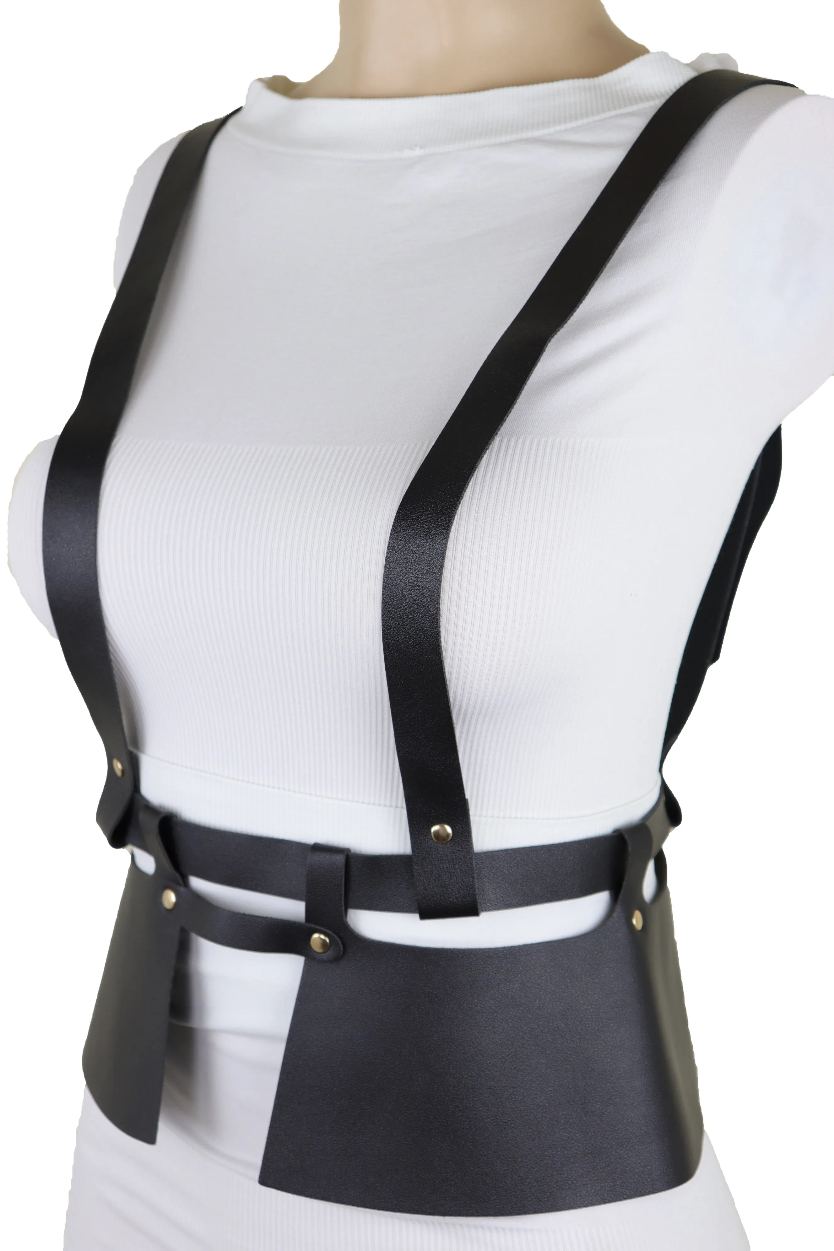 Black Faux Leather Steampunk Fashion Belt Suspender Adjustable Size XS S
