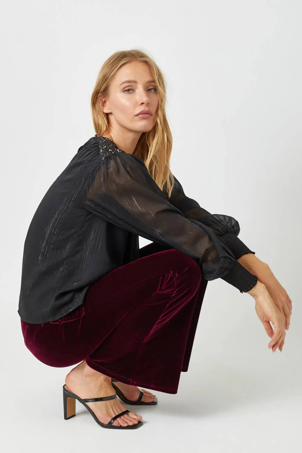 Black Flowy Glitter Chiffon Blouse