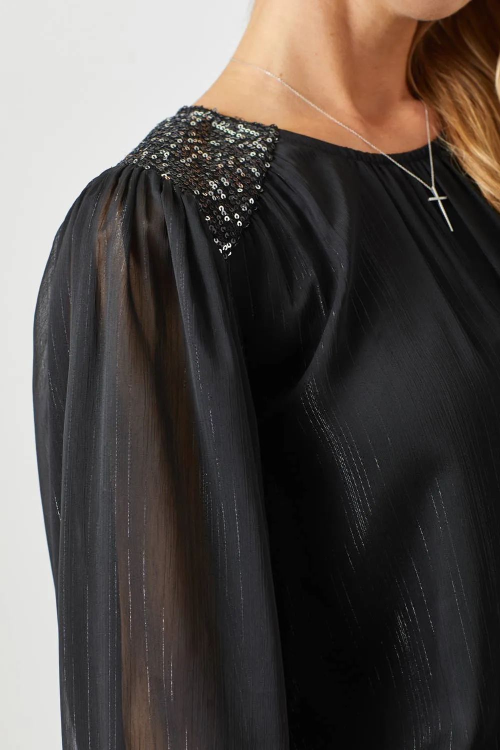 Black Flowy Glitter Chiffon Blouse