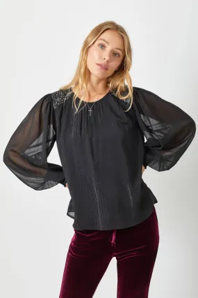 Black Flowy Glitter Chiffon Blouse
