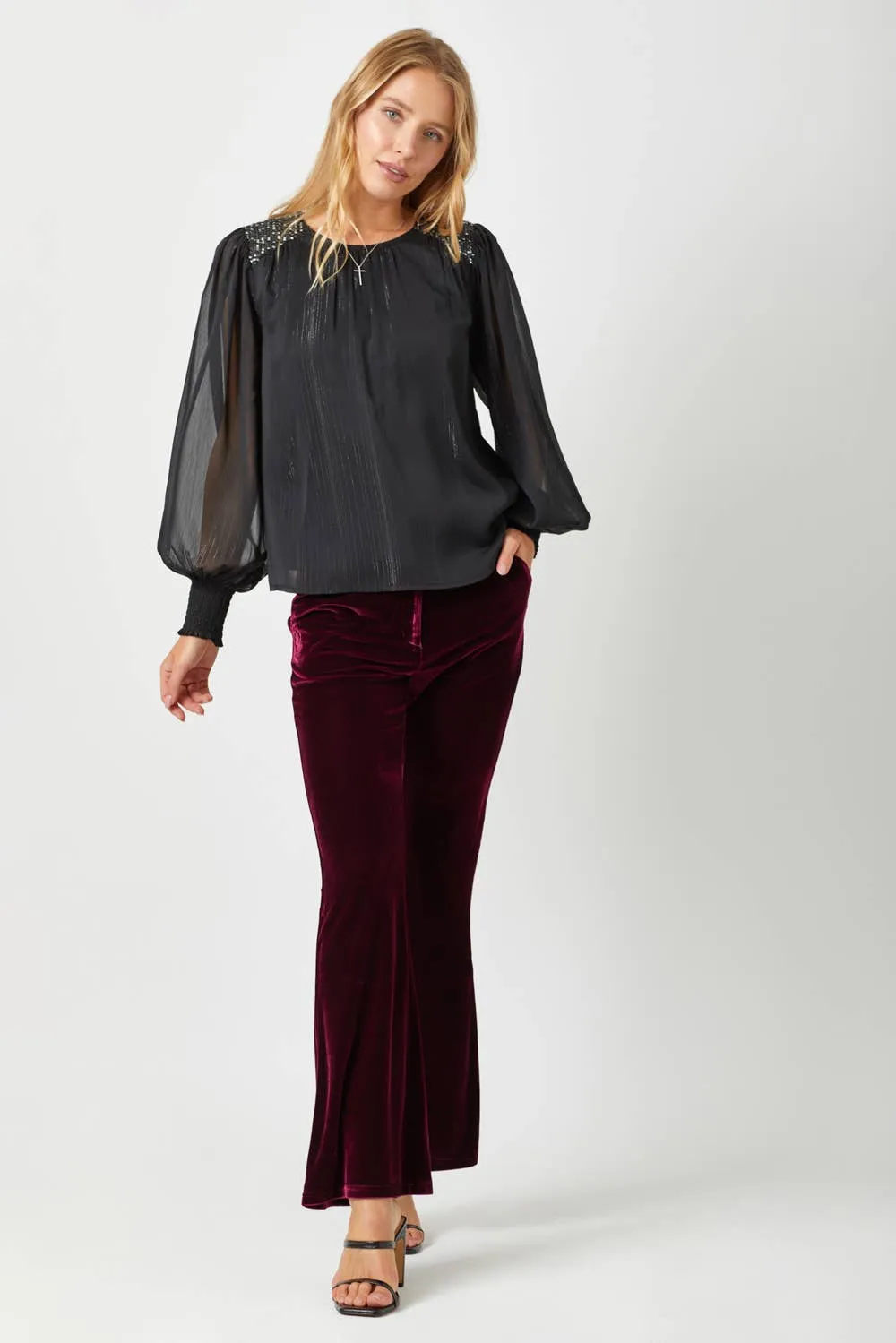 Black Flowy Glitter Chiffon Blouse