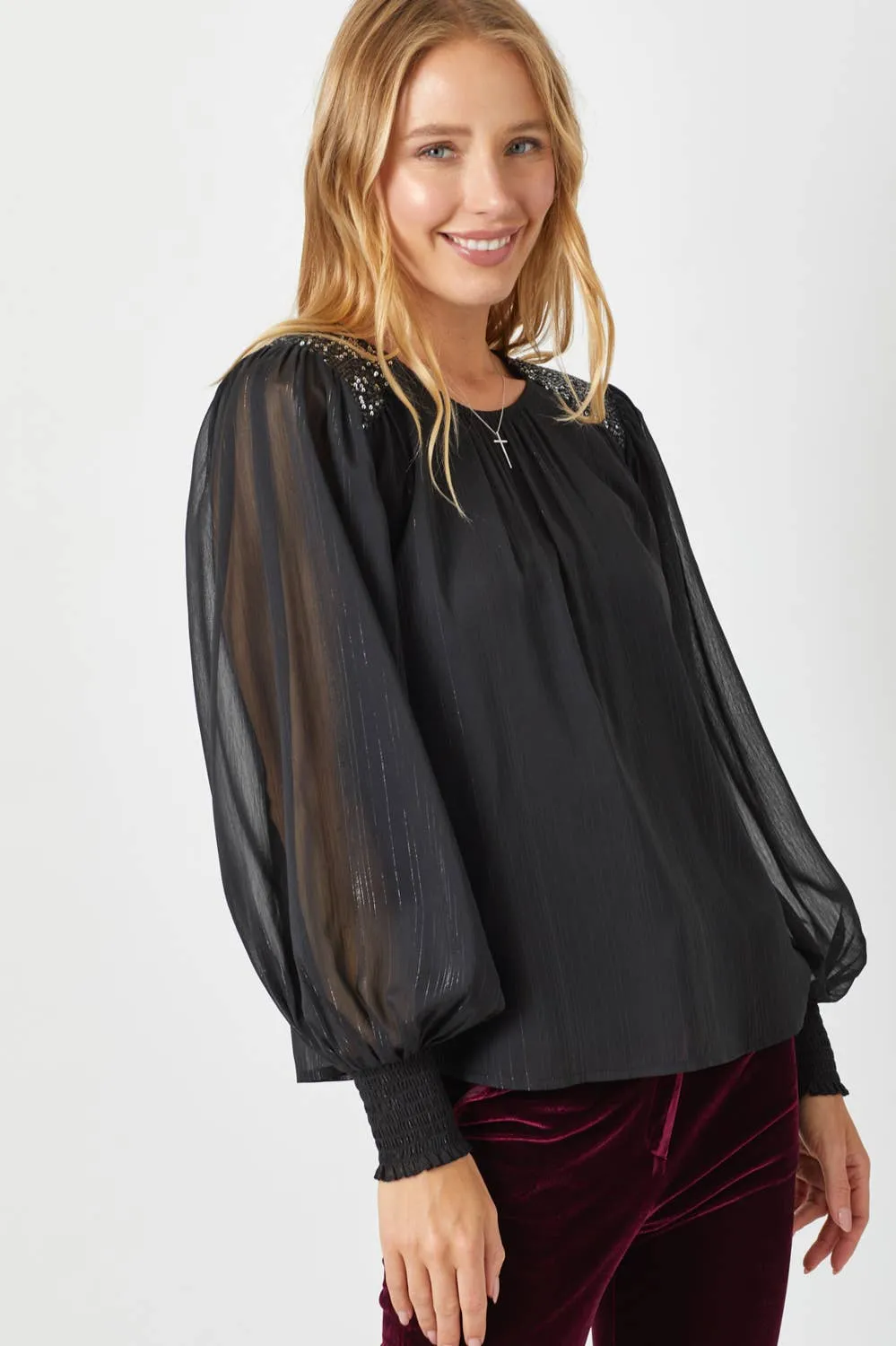Black Flowy Glitter Chiffon Blouse