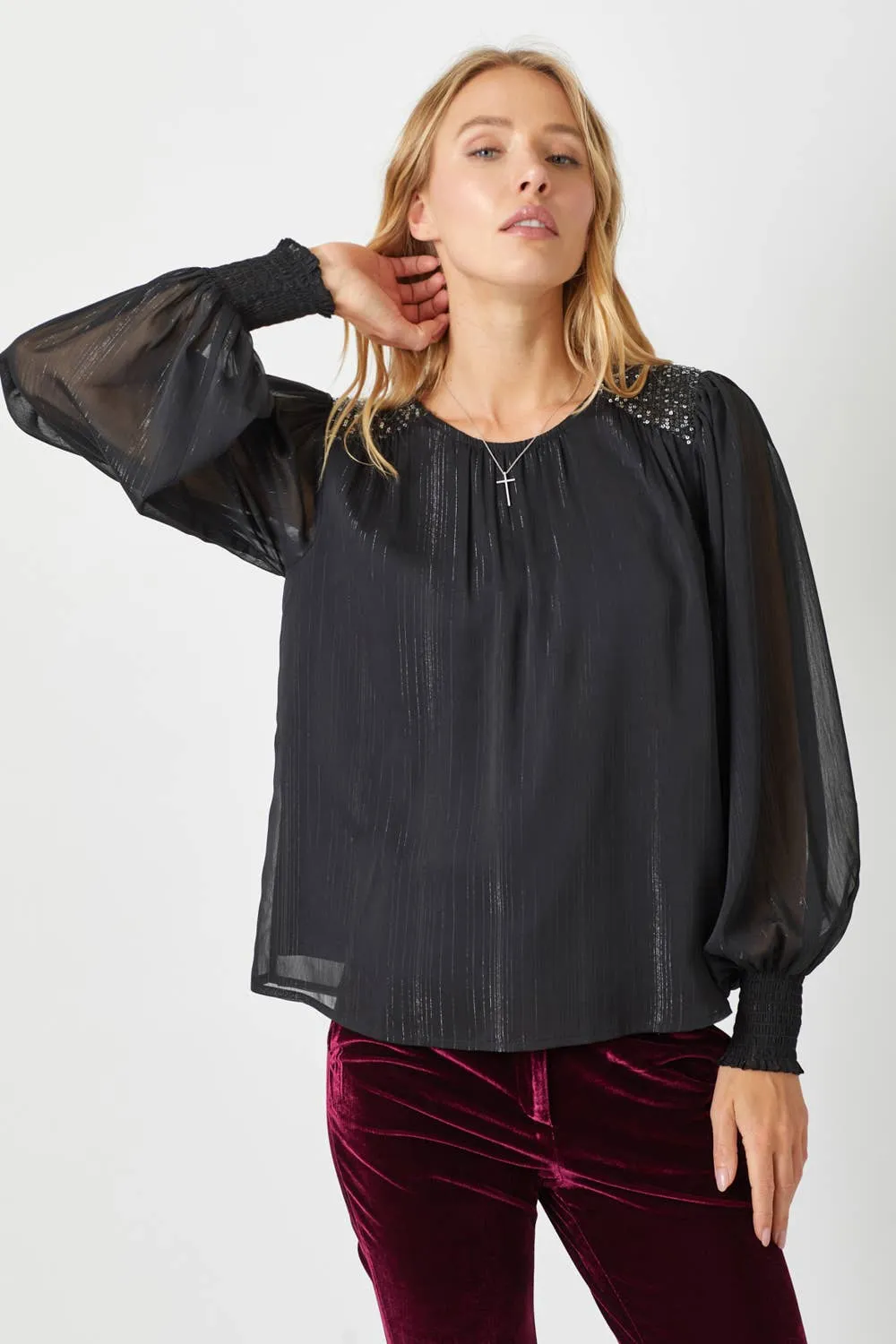 Black Flowy Glitter Chiffon Blouse