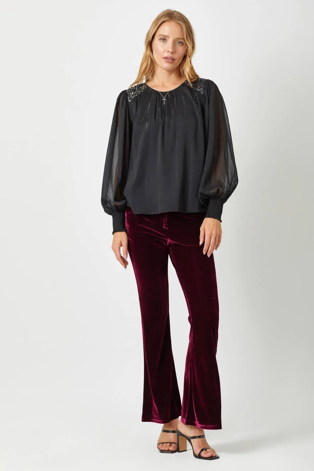 Black Flowy Glitter Chiffon Blouse
