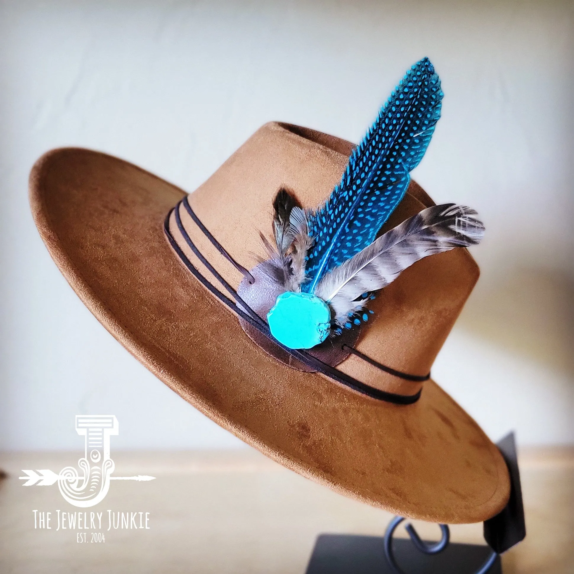 Blue Guinea Feather & Turquoise Slab Hat Band   Choice of Hat 985x