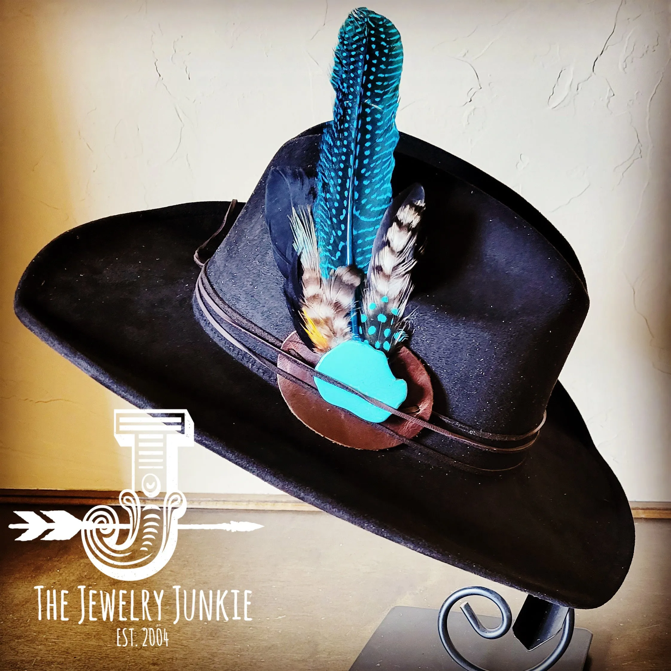 Blue Guinea Feather & Turquoise Slab Hat Band   Choice of Hat 985x