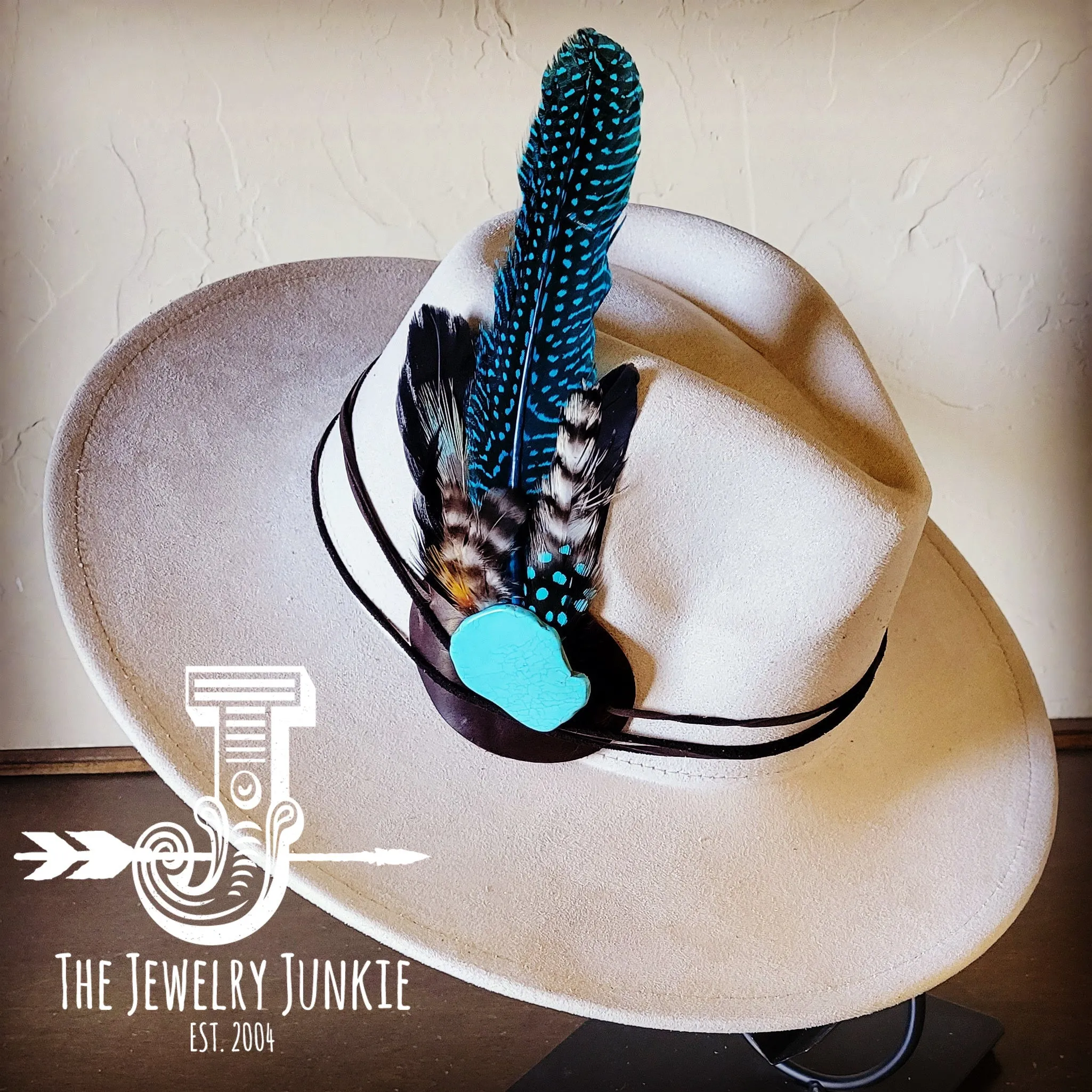 Blue Guinea Feather & Turquoise Slab Hat Band   Choice of Hat 985x
