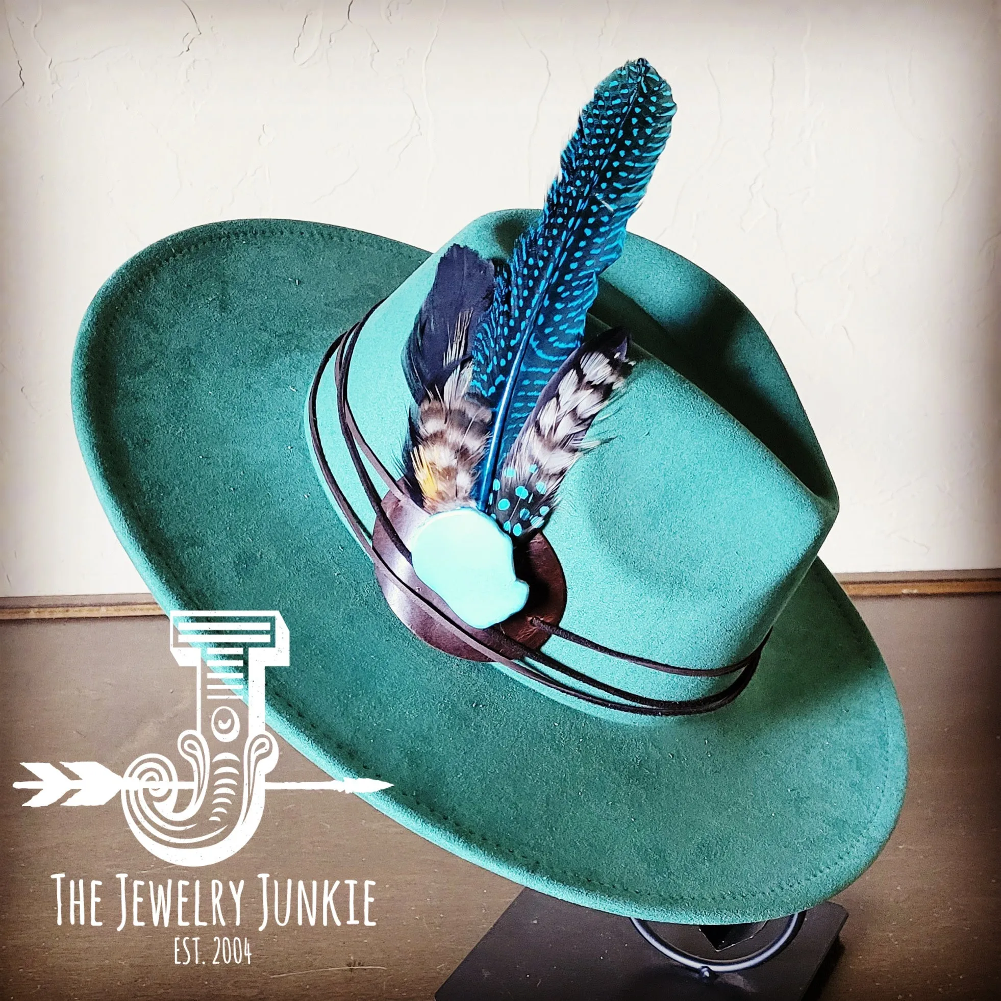 Blue Guinea Feather & Turquoise Slab Hat Band   Choice of Hat 985x