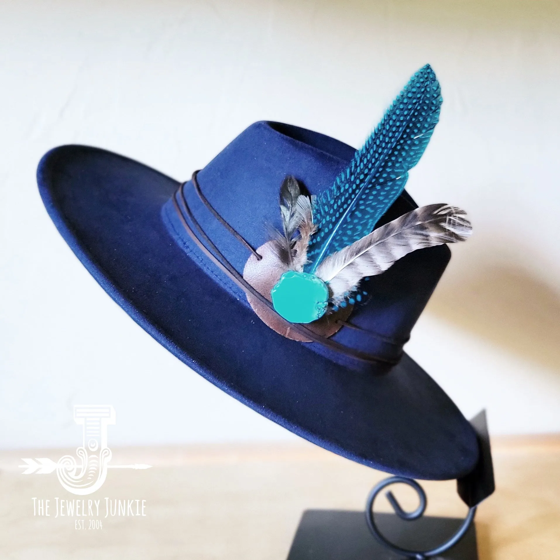 Blue Guinea Feather & Turquoise Slab Hat Band   Choice of Hat 985x