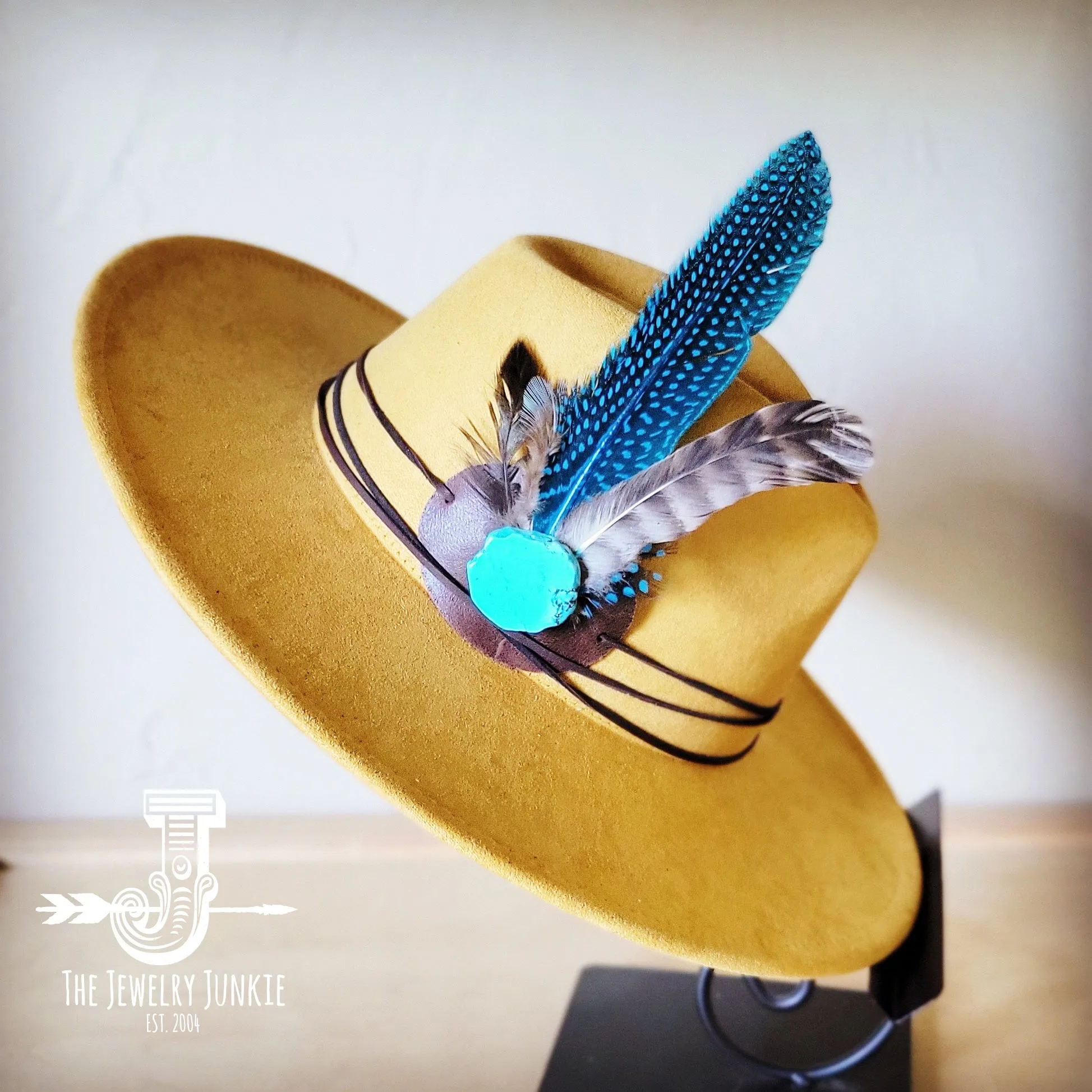 Blue Guinea Feather & Turquoise Slab Hat Band   Choice of Hat 985x