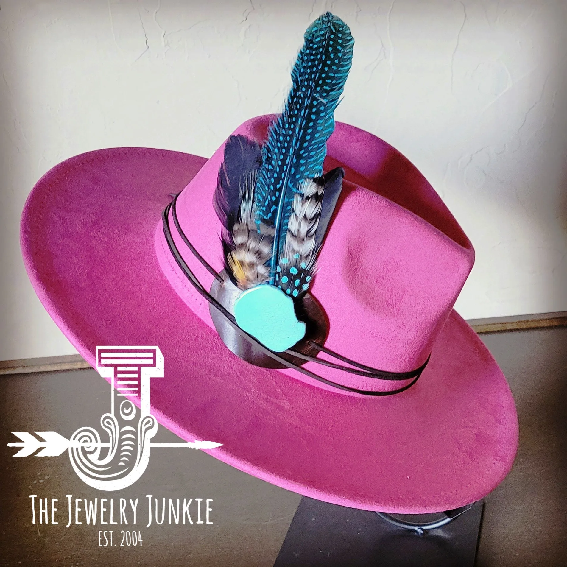 Blue Guinea Feather & Turquoise Slab Hat Band   Choice of Hat 985x