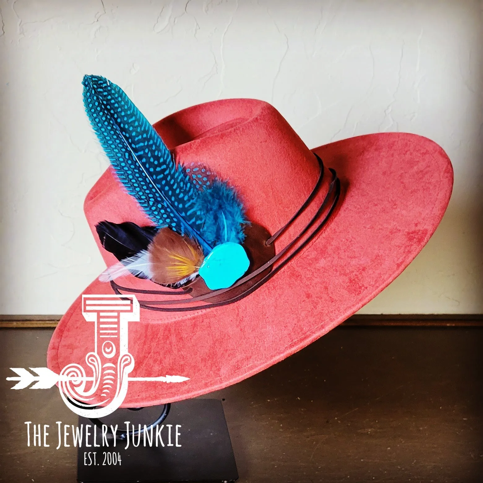 Blue Guinea Feather & Turquoise Slab Hat Band   Choice of Hat 985x