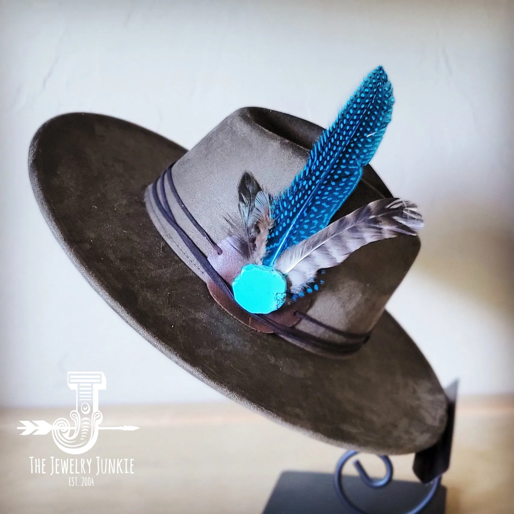 Blue Guinea Feather & Turquoise Slab Hat Band   Choice of Hat 985x